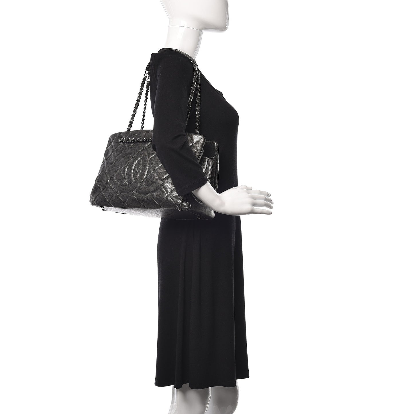 Metallic Caviar Quilted CC Tote Dark Silver