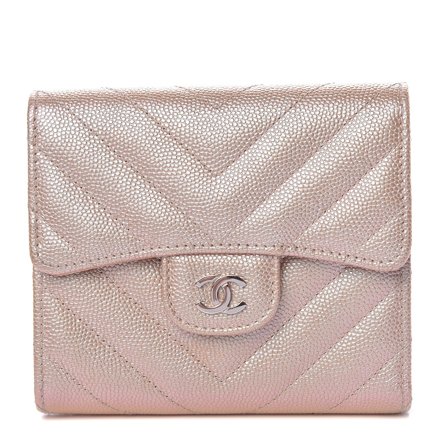Metallic Caviar Chevron Quilted Compact Flap Wallet Light Gold
