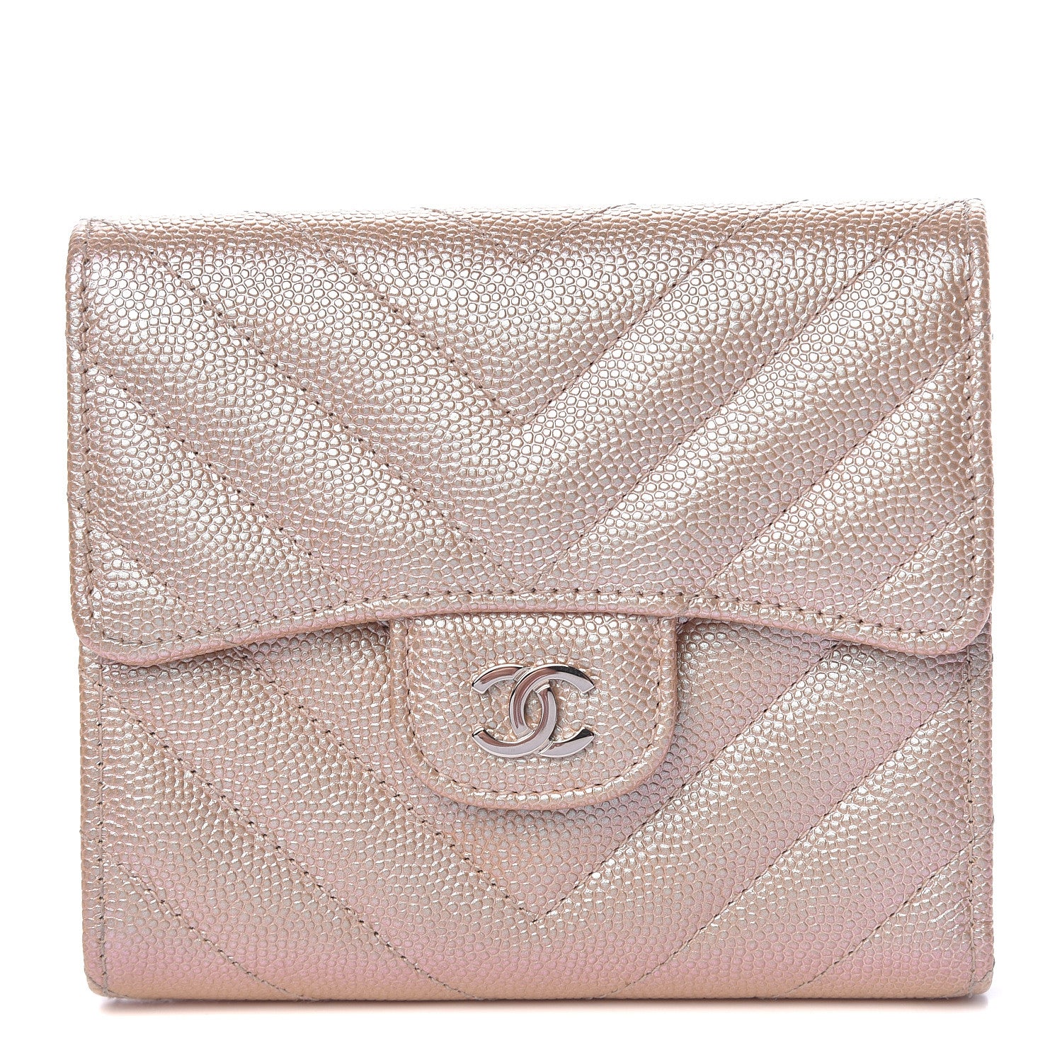Chanel Metallic Caviar Chevron Quilted Compact Flap Wallet Light Gold 1 of 9