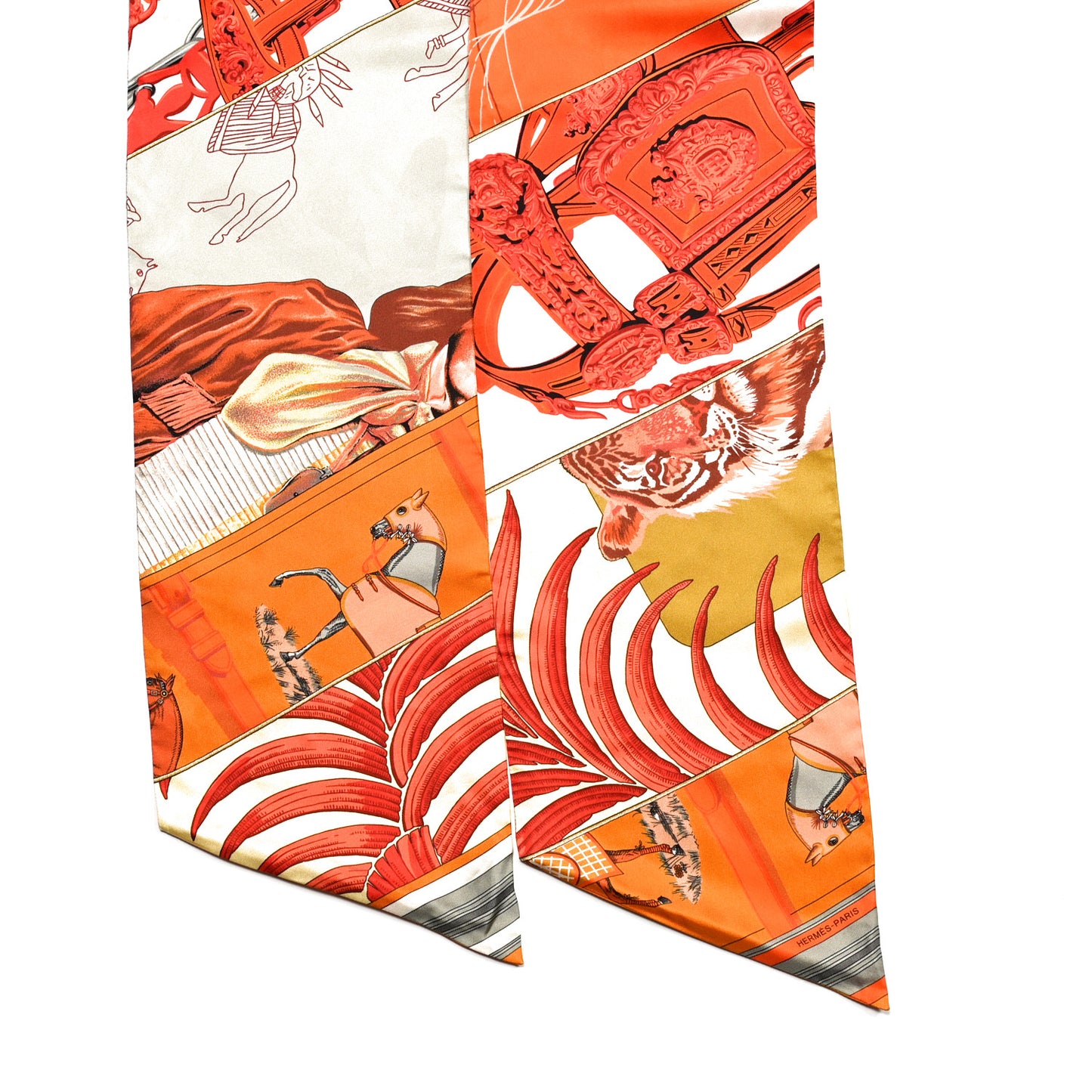 Silk Carre En Carres Maxi Twilly Orange Gris Vieil Or