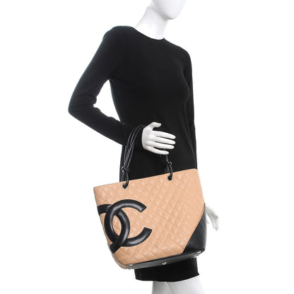 Chanel Calfskin Quilted Large Cambon Tote Beige Black 2 of 13