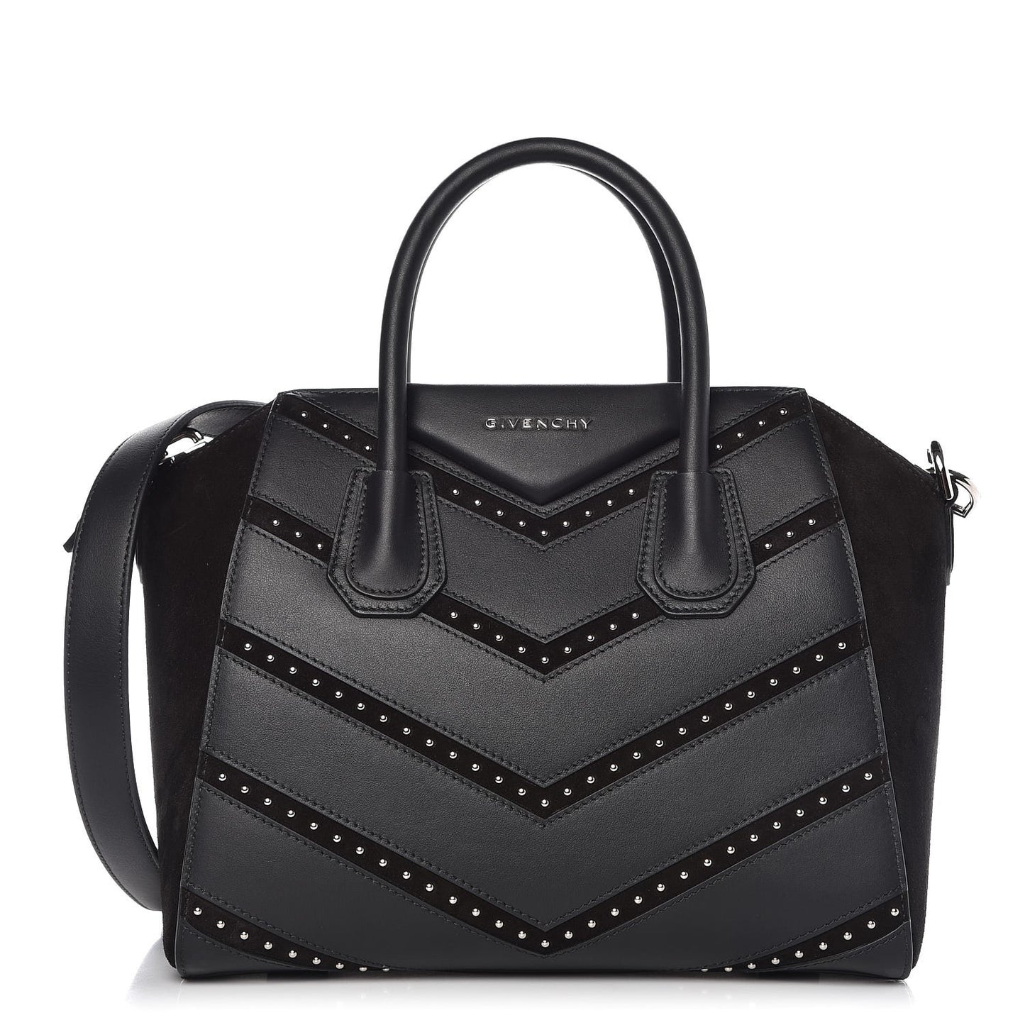 Calfskin Suede Small Studded Chevron Antigona Black