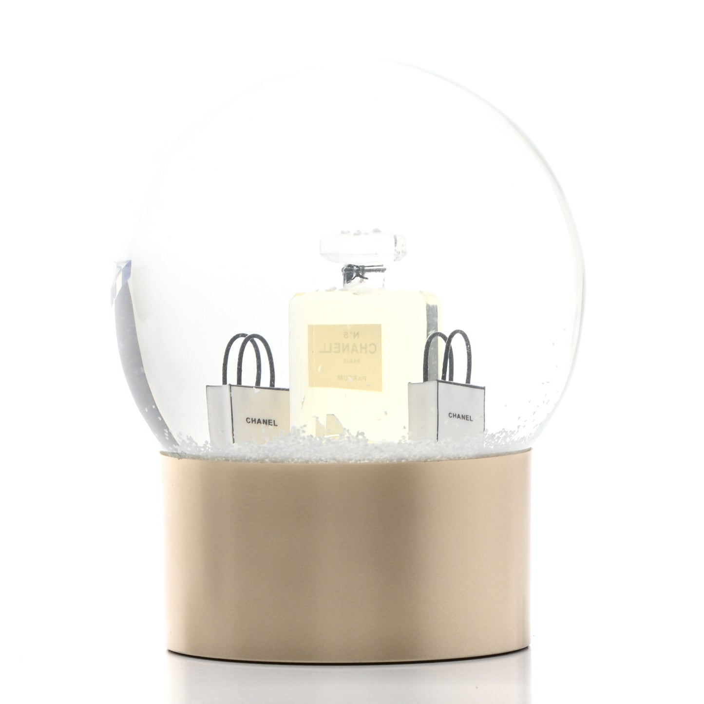 Glass N°5 Perfume Bottle Snow Globe Gold