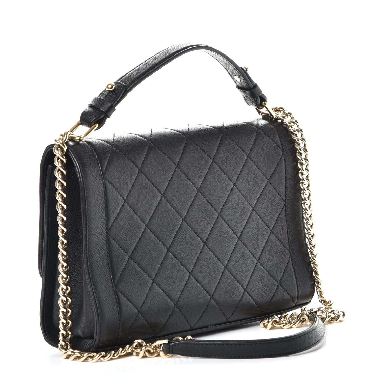 Grained Calfskin Quilted Medium Label Click Flap Bag Black