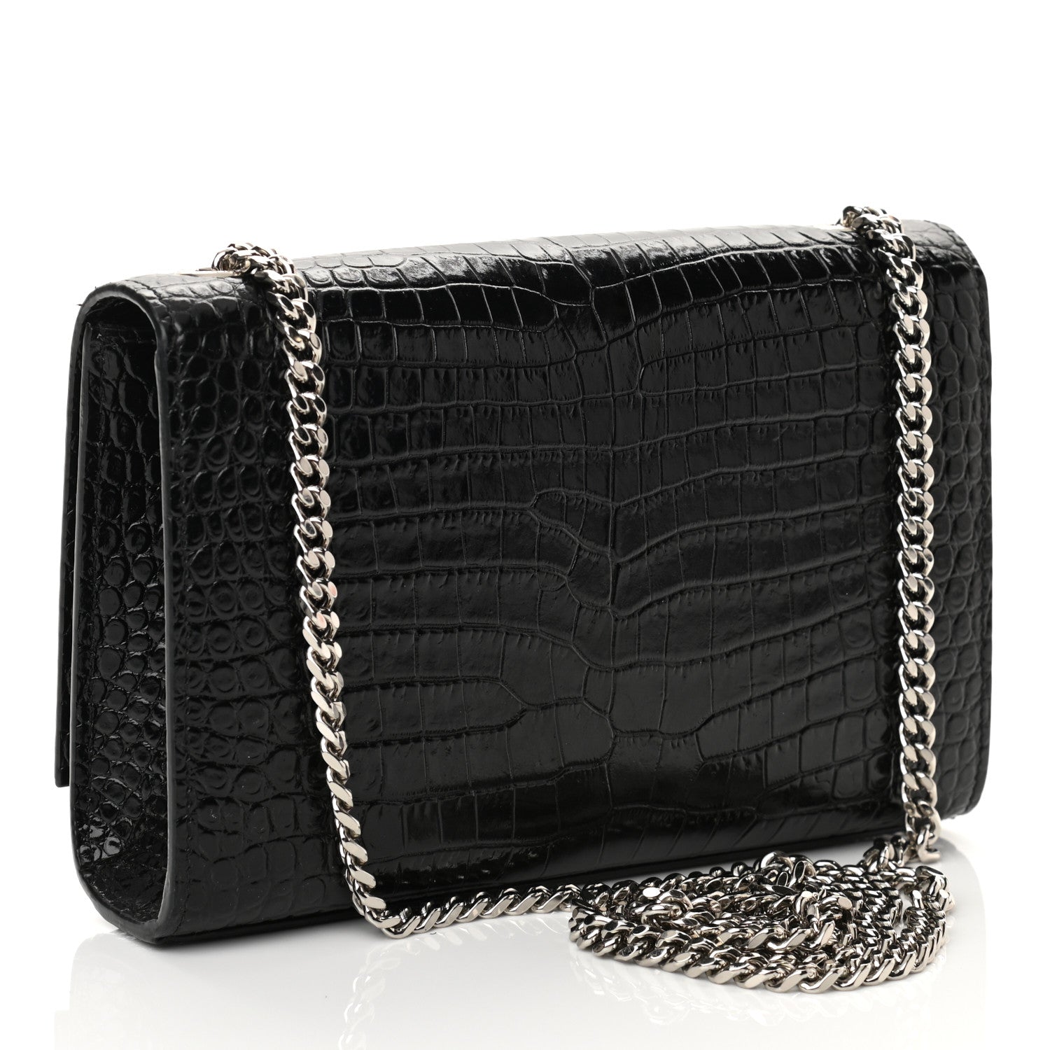 Saint Laurent Calfskin Crocodile Embossed Small Classic Monogram Kate Tassel Satchel Black 3 of 9