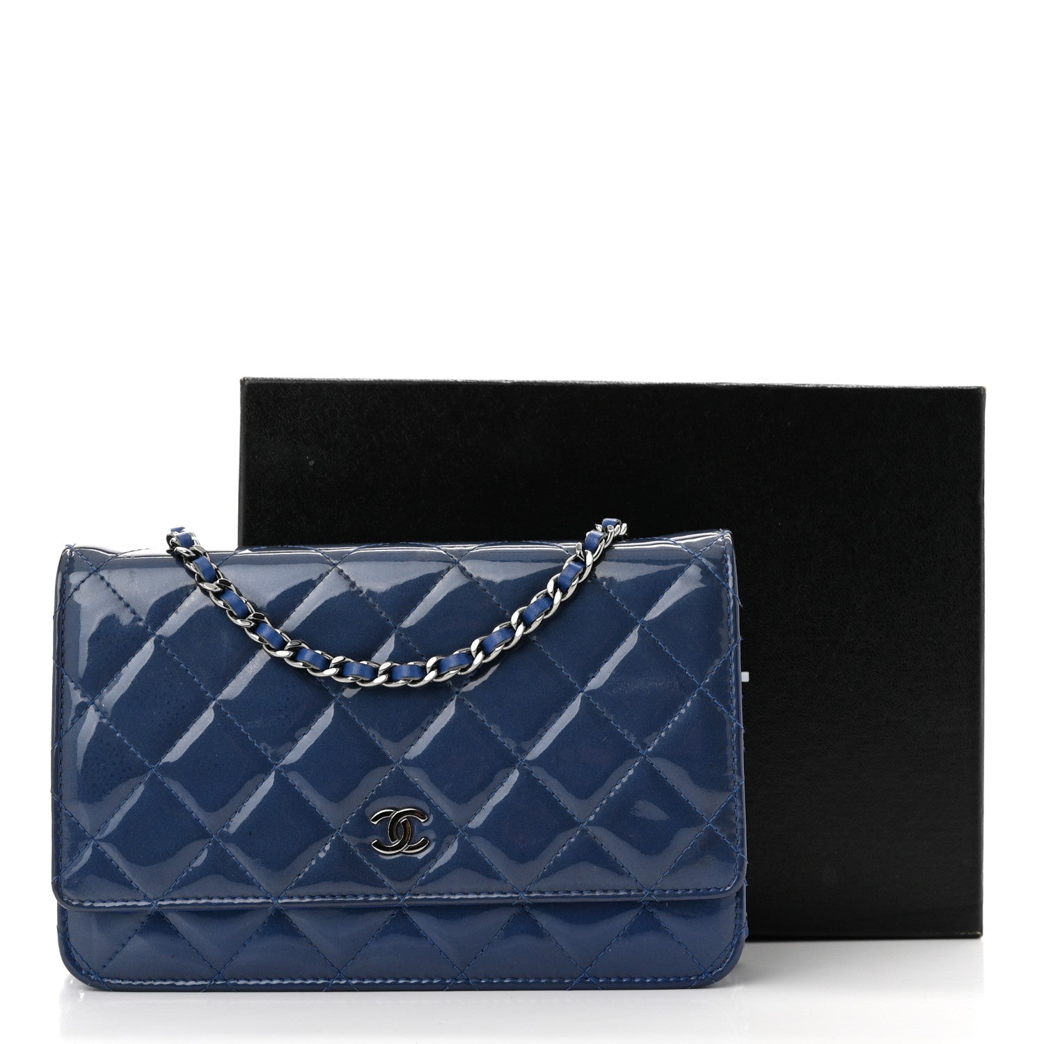 Chanel Patent Quilted Wallet On Chain WOC Blue 12 of 12
