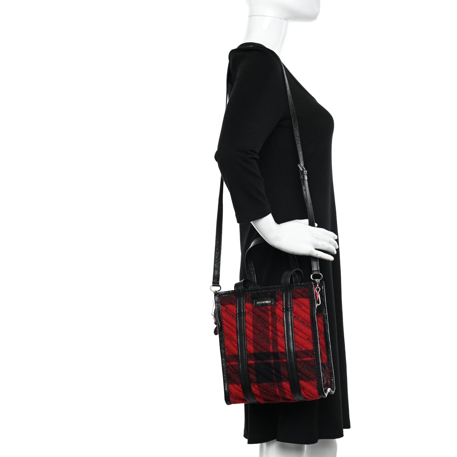 Balenciaga Wool Cuir Arena Plaid Diagonal Allover Logo Matelasse XS Bazar Shopper Tote Red Black 2 of 9