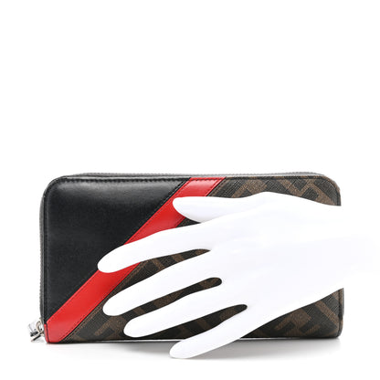 Fendi Glazed Fabric Vitello Liberty FF 1974 Diagonal Zip Around Wallet Tobacco Rosso Black 2 of 7