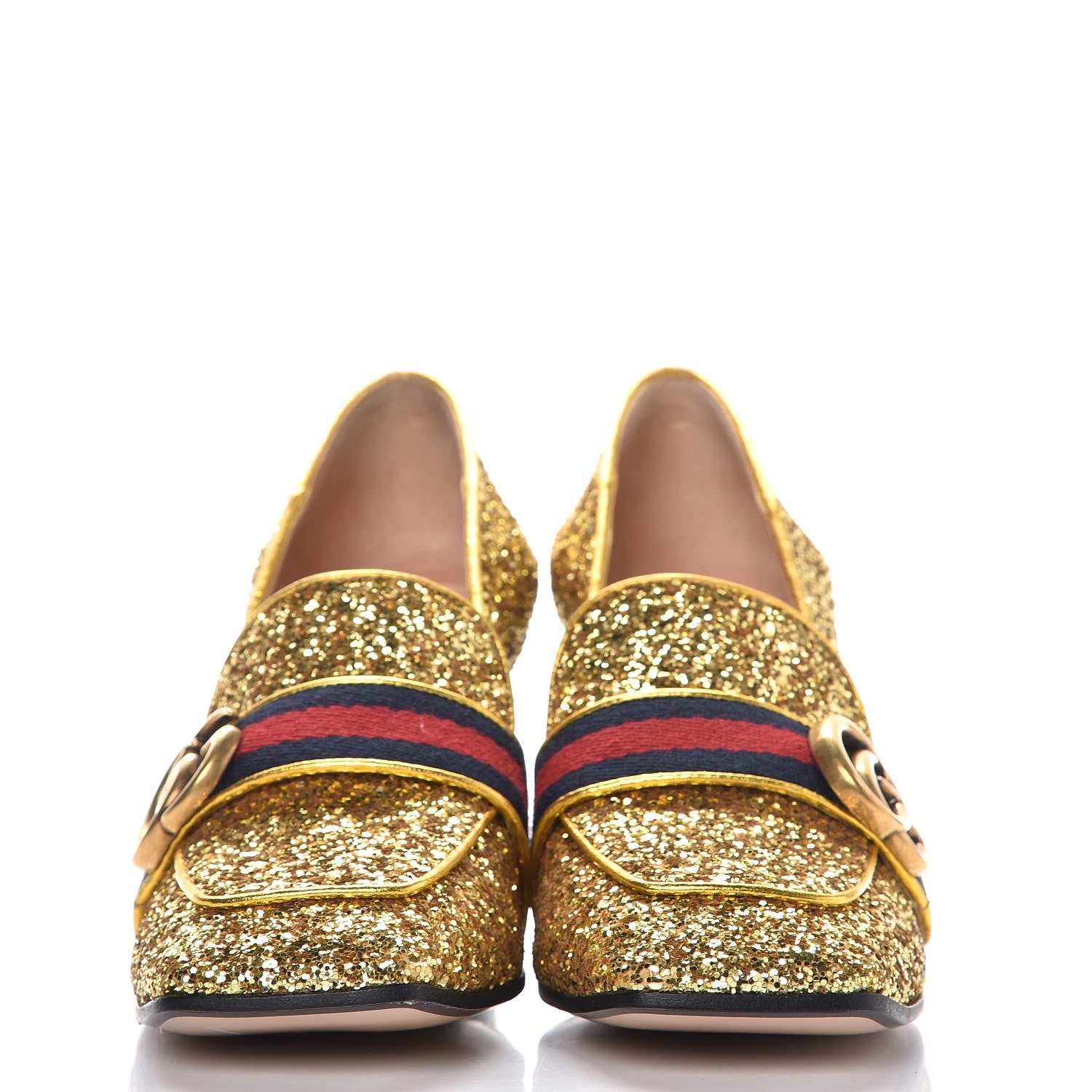 Gucci Glitter Nappa Web Peyton 75mm Loafer Pumps 36.5 Oro Vecchio 2 of 8