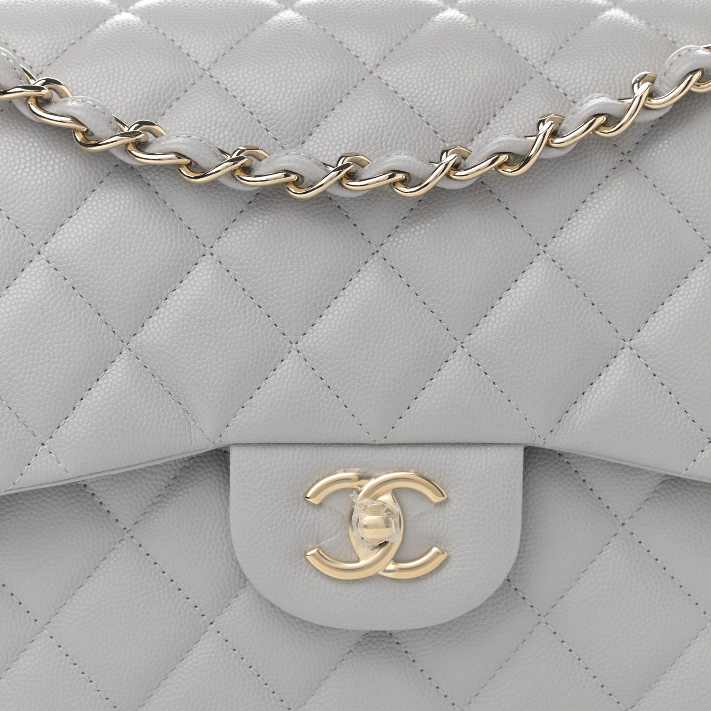 Caviar Quilted Jumbo Double Flap Light Grey