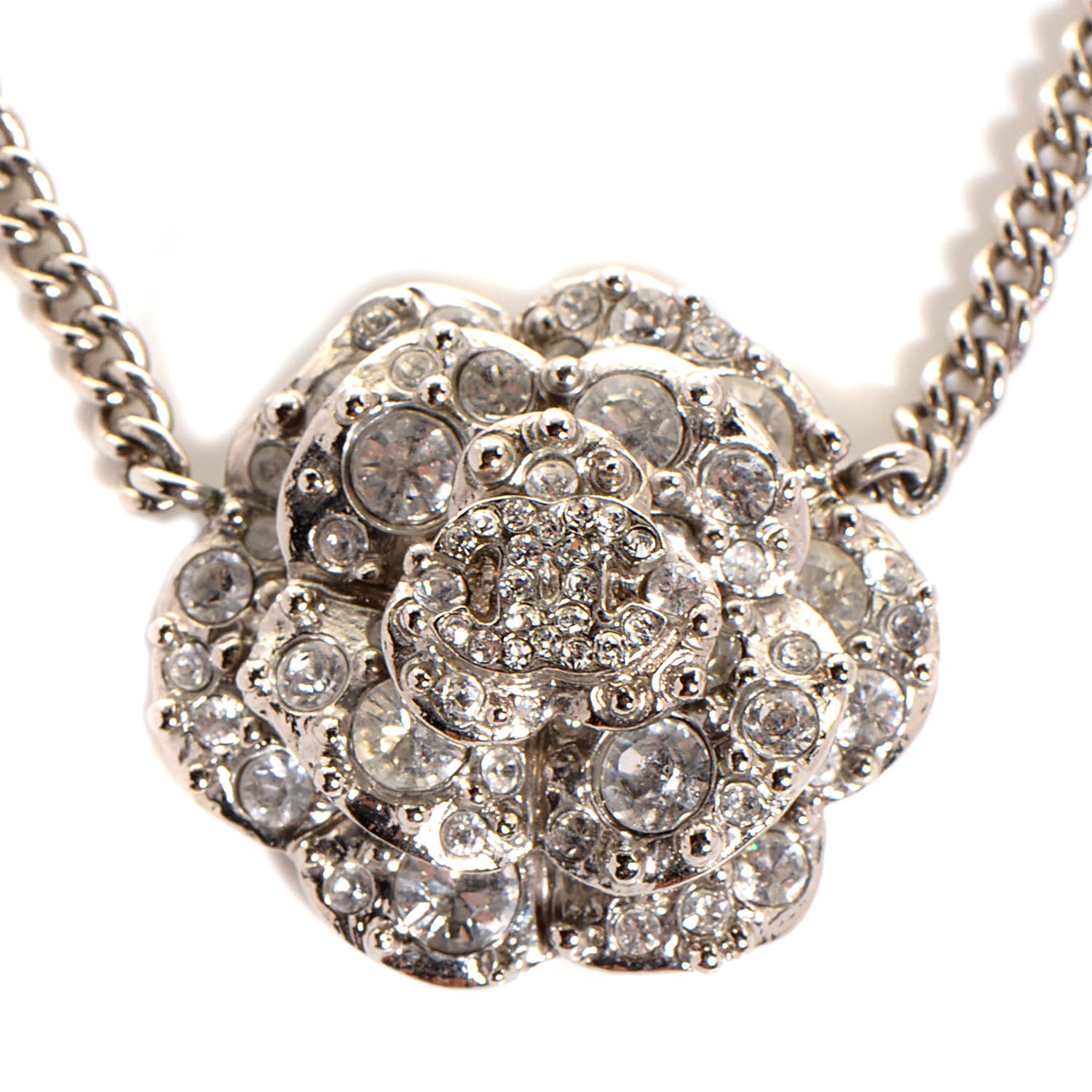 Chanel Crystal Camellia CC Necklace Silver 3 of 7