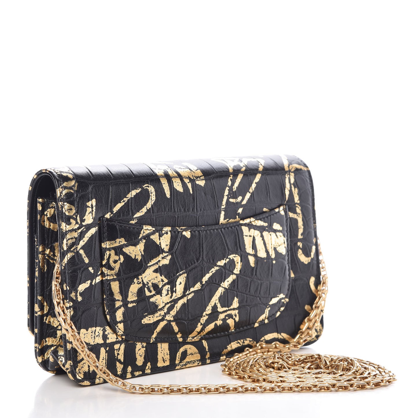 Calfskin Crocodile Embossed Graffiti 2.55 Cocodile Reissue Wallet On Chain WOC Black Gold