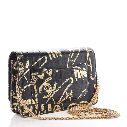 Chanel Calfskin Crocodile Embossed Graffiti 2.55 Cocodile Reissue Wallet On Chain WOC Black Gold 3 of 11