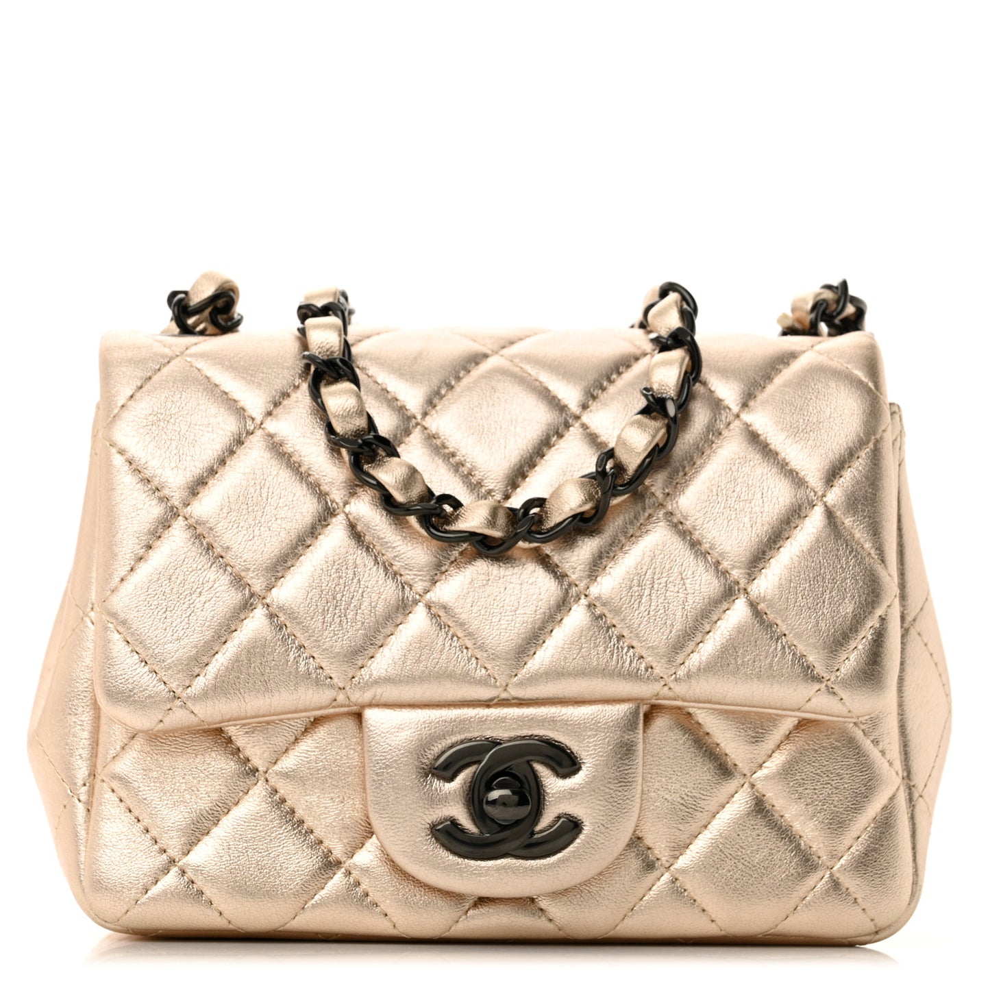 Metallic Lambskin Quilted Mini Square Flap Gold Black