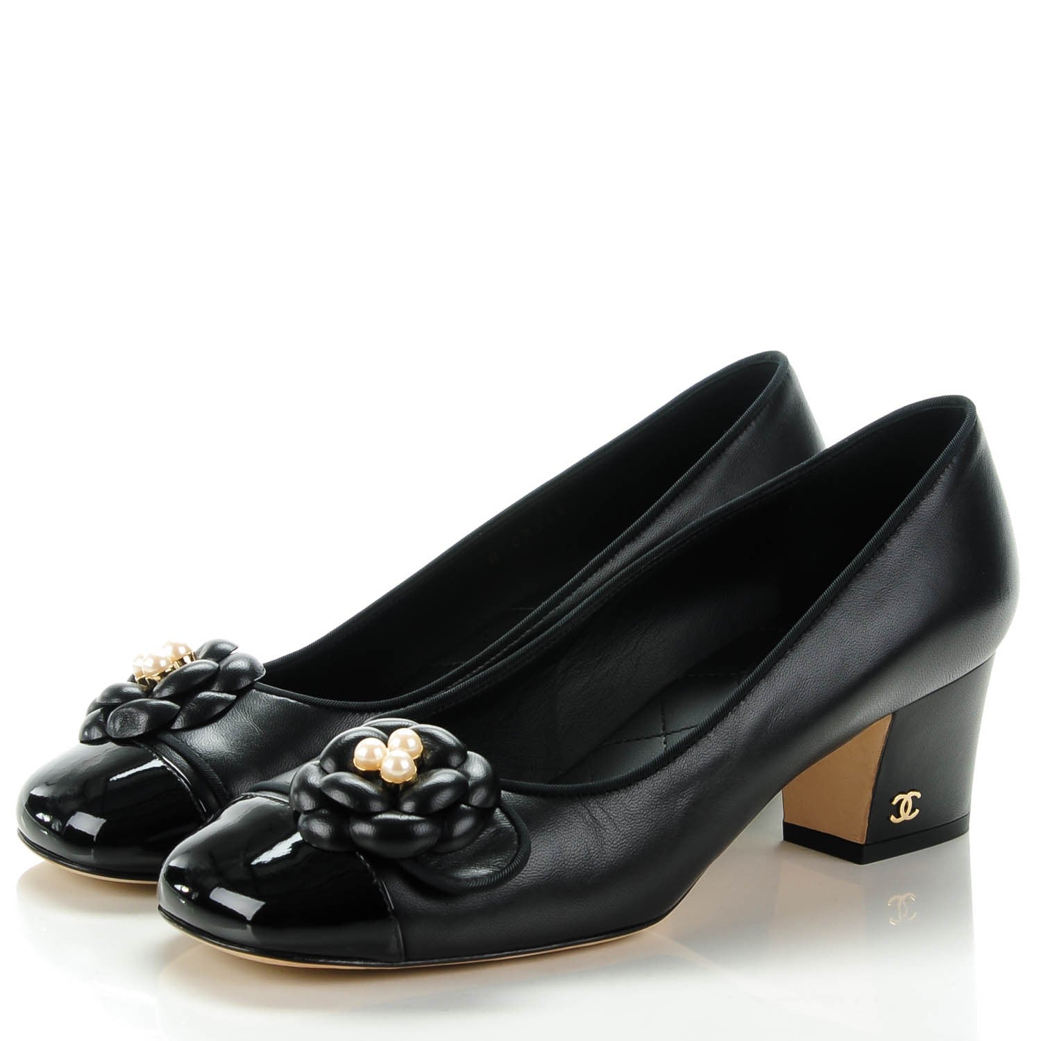 Chanel Lambskin Patent Calfskin Pearl Camellia Cap Toe Pumps 37.5 Black 3 of 8