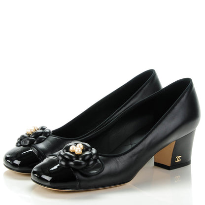 Chanel Lambskin Patent Calfskin Pearl Camellia Cap Toe Pumps 37.5 Black 3 of 8
