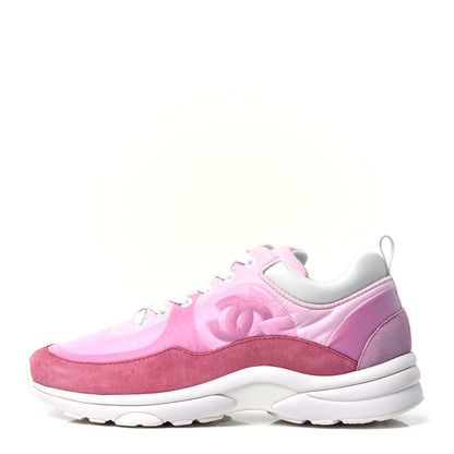 Chanel Nylon Calfskin Suede Womens CC Sneakers 38.5 Pink 1 of 6