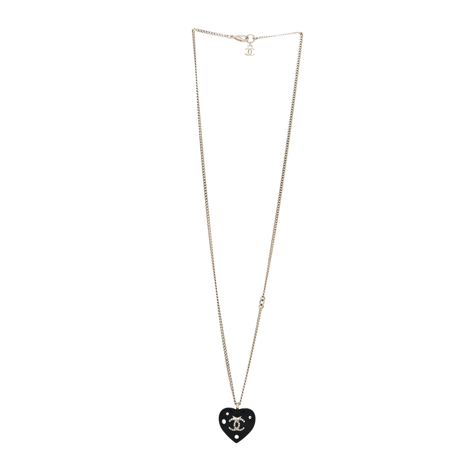 Chanel Resin Crystal CC Heart Necklace Black Gold 3 of 5