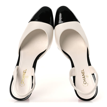 Chanel Lambskin Patent Calfskin Cap Toe CC Apple Slingback Pumps  39 White Black 2 of 11