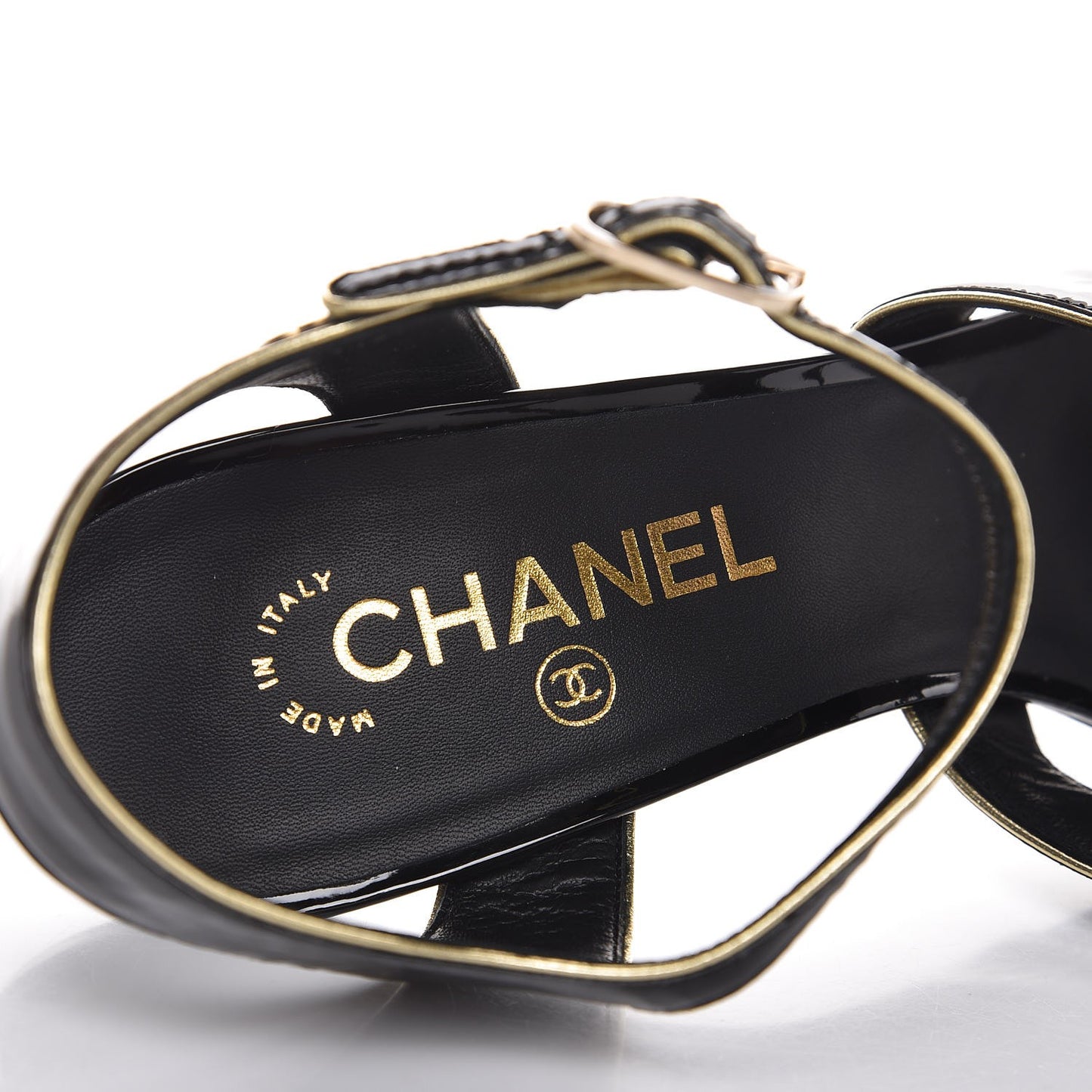 Patent Goatskin Camellia CC Sandals 41 Black Gold