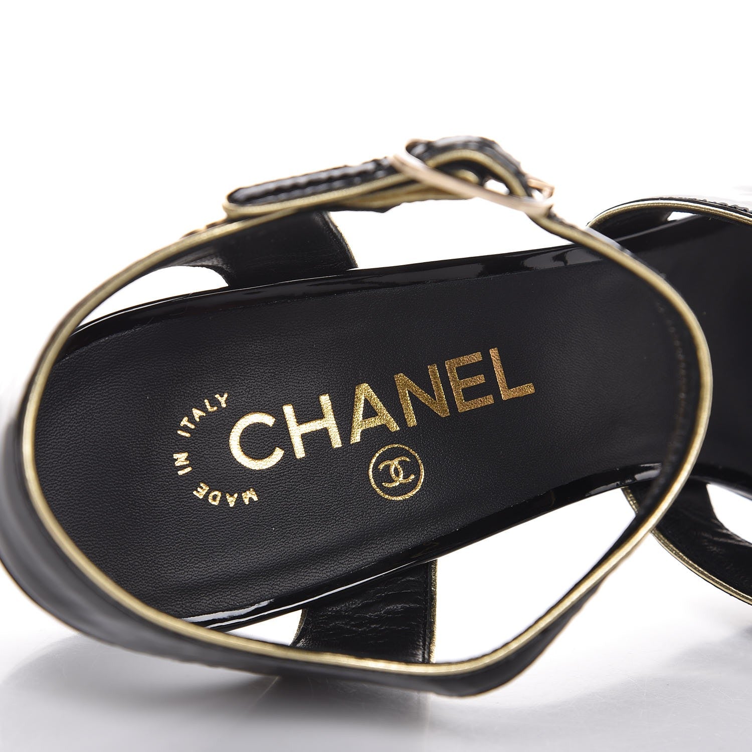 Chanel Patent Goatskin Camellia CC Sandals 41 Black Gold 7 of 9
