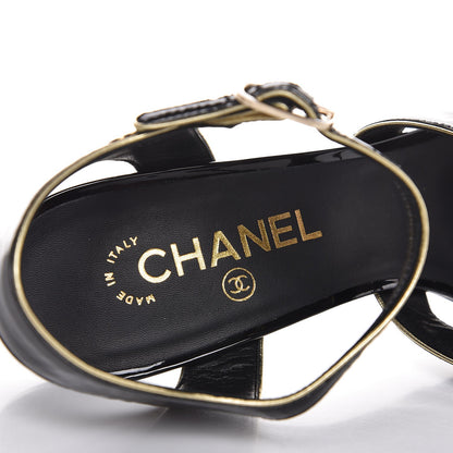 Chanel Patent Goatskin Camellia CC Sandals 41 Black Gold 7 of 9