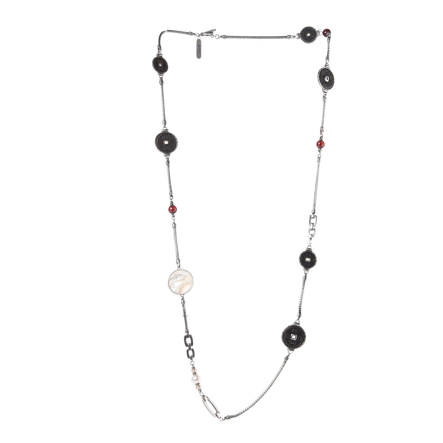 John Hardy Sterling Silver 18K Yellow Gold Pearl Mother of Pearl Garnet Batu Coin Long Necklace 3 of 6