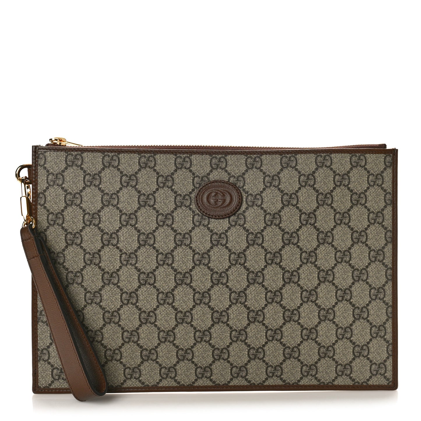 GG Supreme Monogram Azalea Calfskin Retro Interlocking G Wristlet Pouch Beige Ebony Brown Sugar