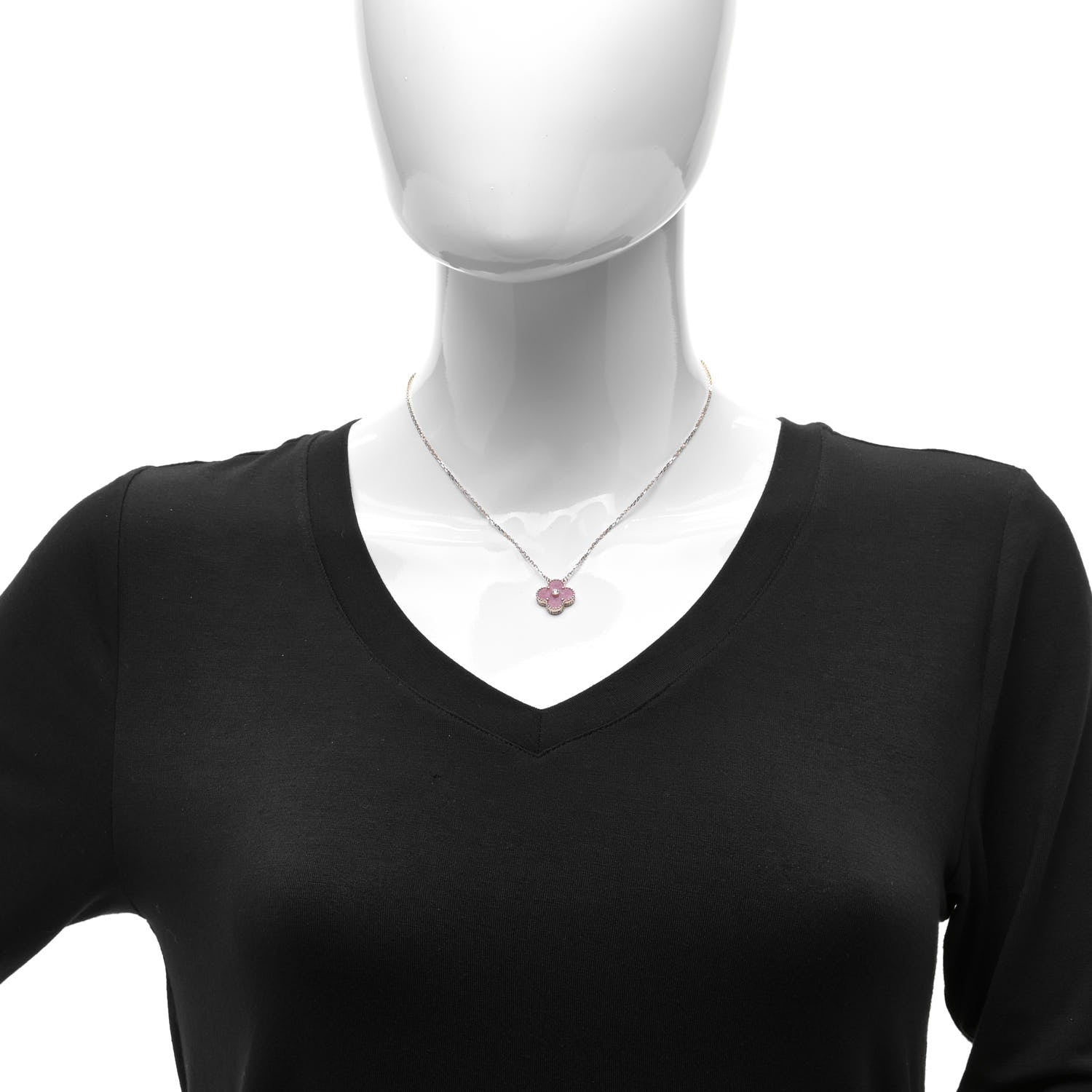 Van Cleef & Arpels 18K Rose Gold Diamond Rhodonite Vintage Alhambra Pendant Necklace 2 of 6