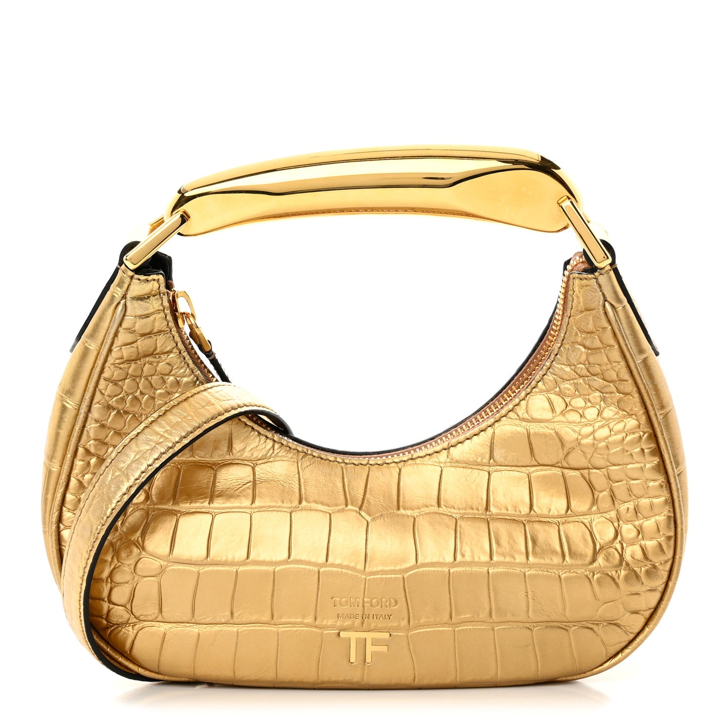 Metallic Calfskin Crocodile Embossed Mini Bianca Hobo Gold