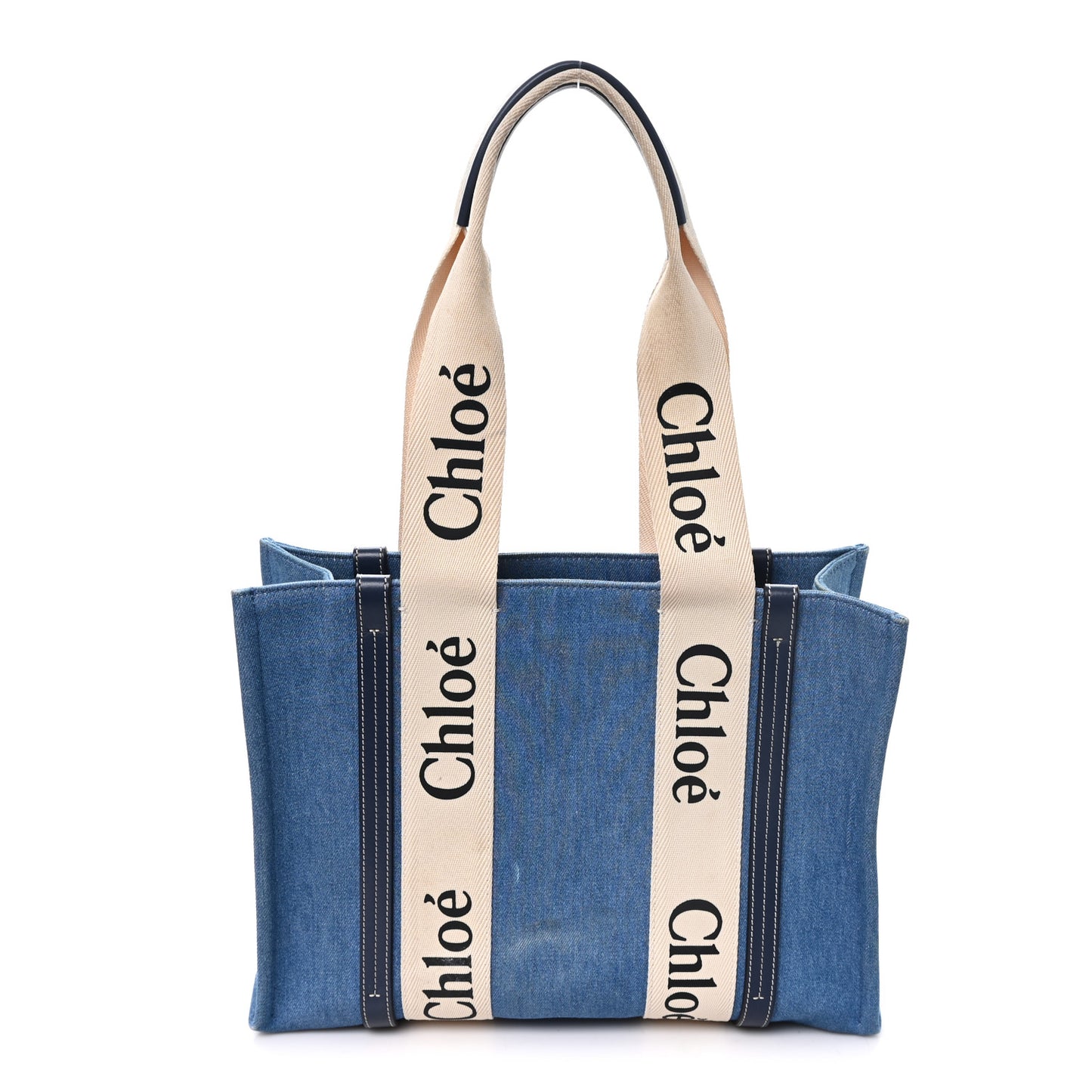 Denim Shiny Calfskin Medium Woody Ribbon Tote Navy