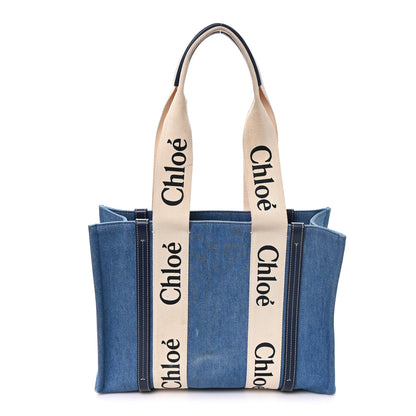 Chloe Denim Shiny Calfskin Medium Woody Ribbon Tote Navy 1 of 11