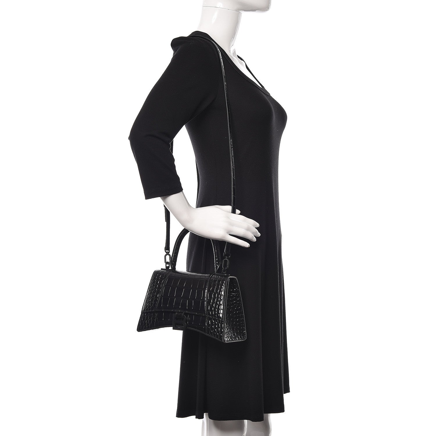 Balenciaga Shiny Calfskin Crocodile Embossed Small Hourglass Top Handle Bag Black 2 of 16