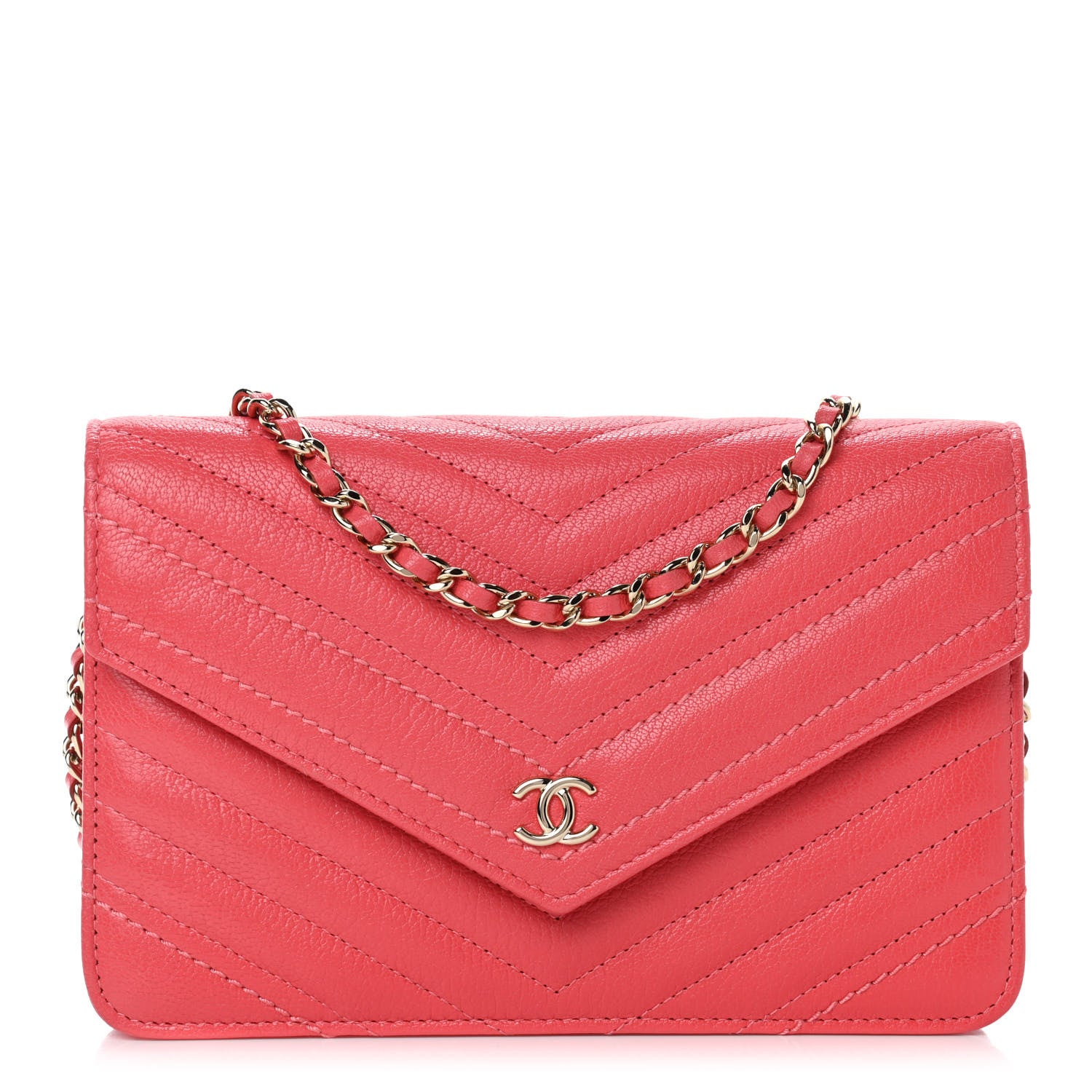 Chanel Shiny Goatskin Chevron Quilted Statement Wallet On Chain WOC Red 1 of 12