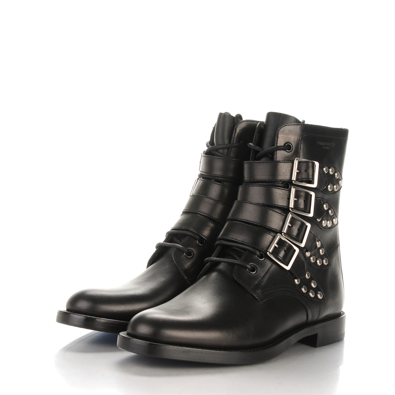 Saint Laurent Smooth Calfskin Studded Strap Rangers Boots 40 Black 3 of 9