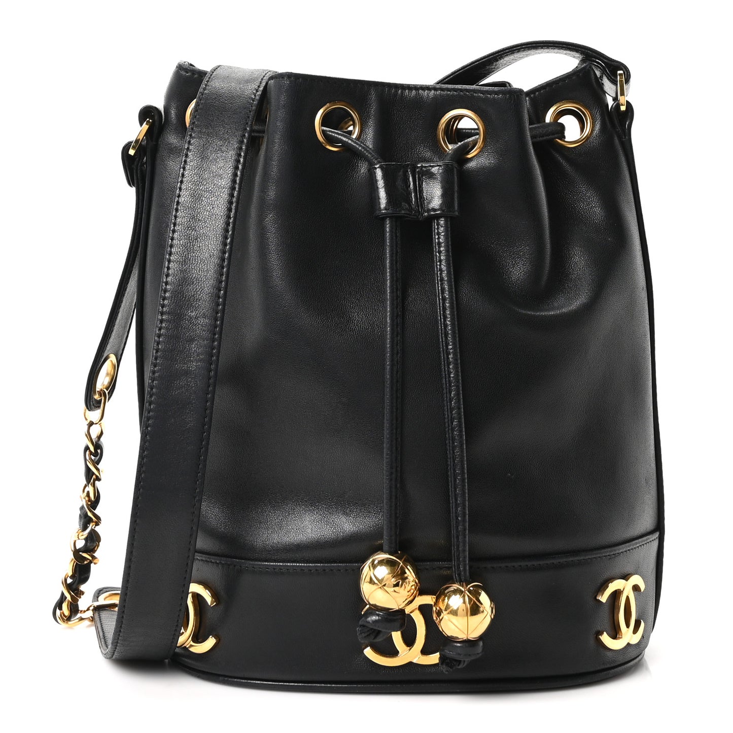 Lambskin CC Drawstring Shoulder Bag Black