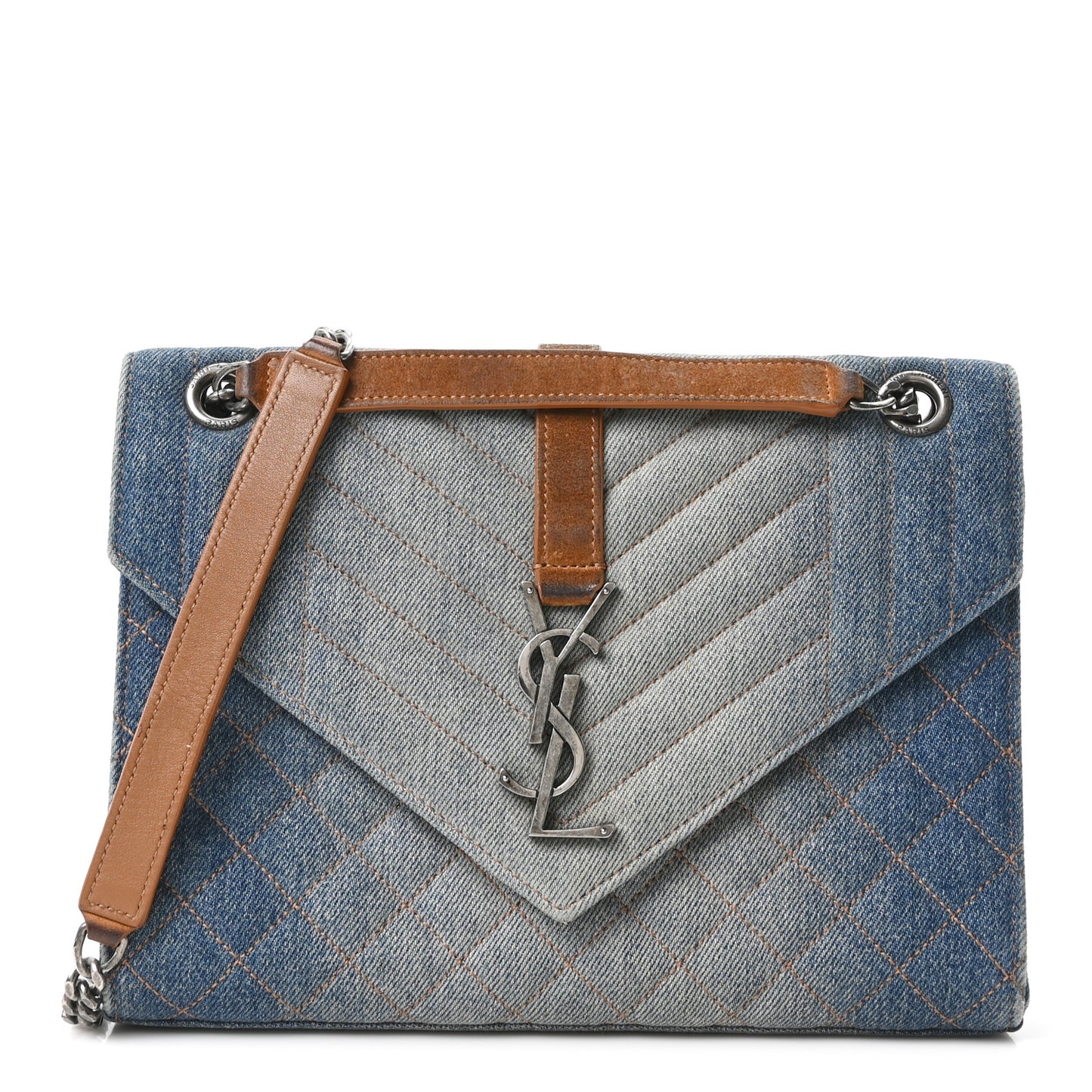 Denim Mixed Matelasse Triquilt Medium Monogram Envelope Satchel Blue