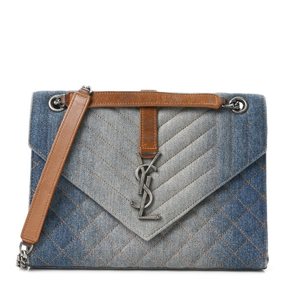 Saint Laurent Denim Mixed Matelasse Triquilt Medium Monogram Envelope Satchel Blue 1 of 9