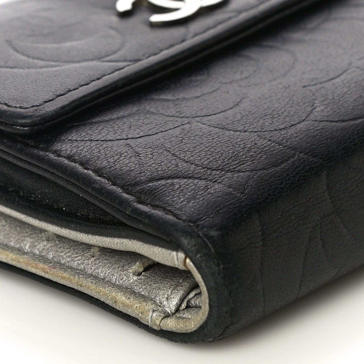 Lambskin Embossed Camellia French Wallet Black