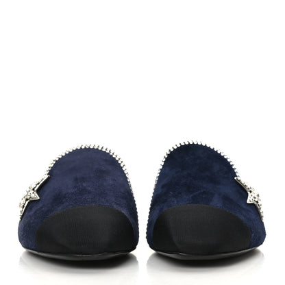 Chanel Suede Calfskin Grosgrain Crystal CC Star Mules 37.5 Blue Black 2 of 8