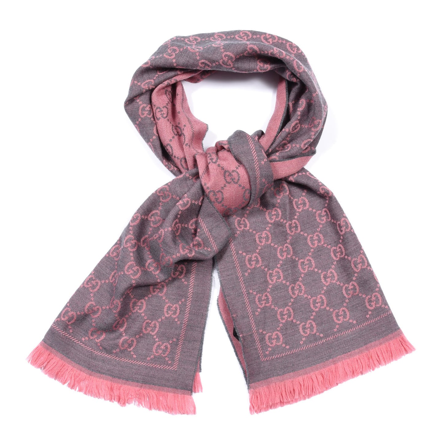 Wool Jacquard GG Monogram Sten Fringe Scarf Graphite Pink
