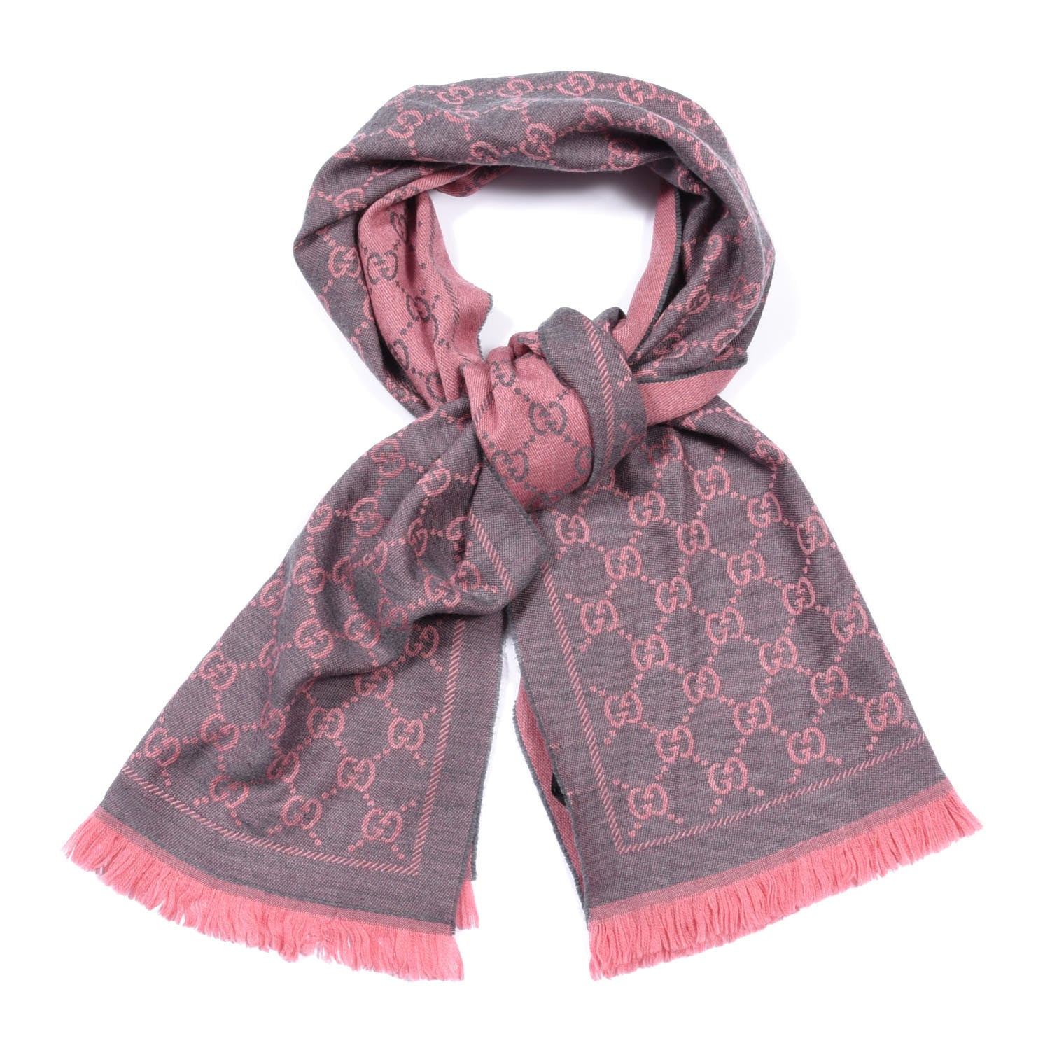 Gucci Wool Jacquard GG Monogram Sten Fringe Scarf Graphite Pink 1 of 10