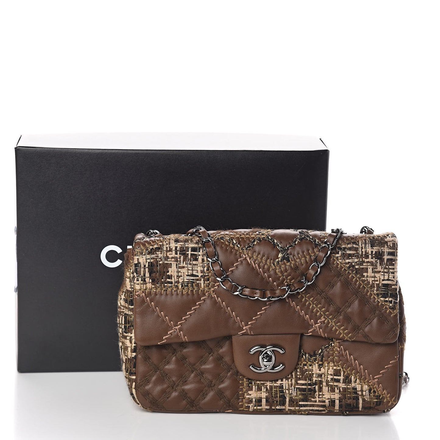 Lambskin Tweed Stitched Quilted Patch Medium Flap Brown