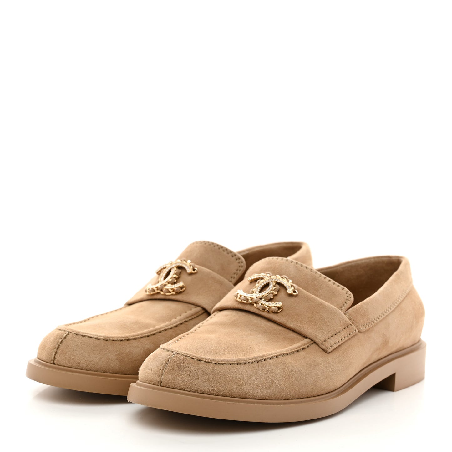 Suede Kidskin Crystal CC Loafers 38 Dark Beige