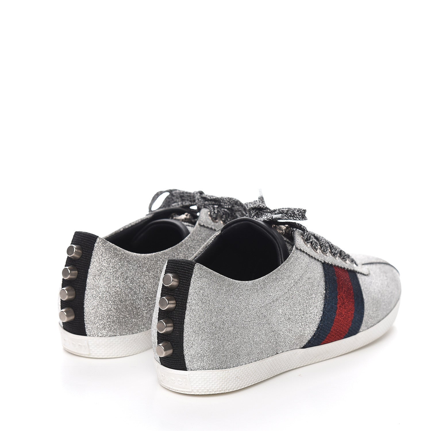 Gucci Glitter Fabric Studded Web Sneakers 35.5 Silver 4 of 10