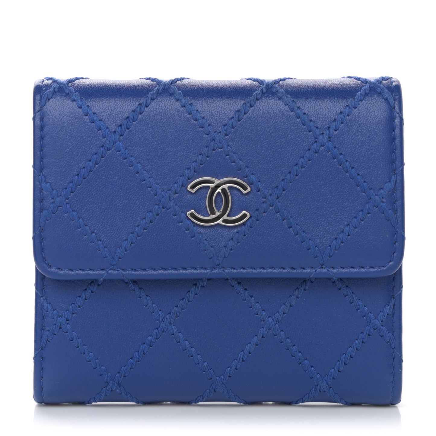 Calfskin Stitched Fancy CC Compact Flap Wallet Blue