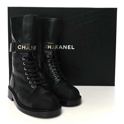 Chanel Shiny Calfskin Lace Up Combat Boots 37.5 Black 8 of 8