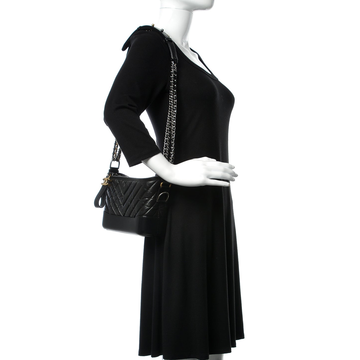 Aged Calfskin Chevron Quilted Small Gabrielle Hobo Black