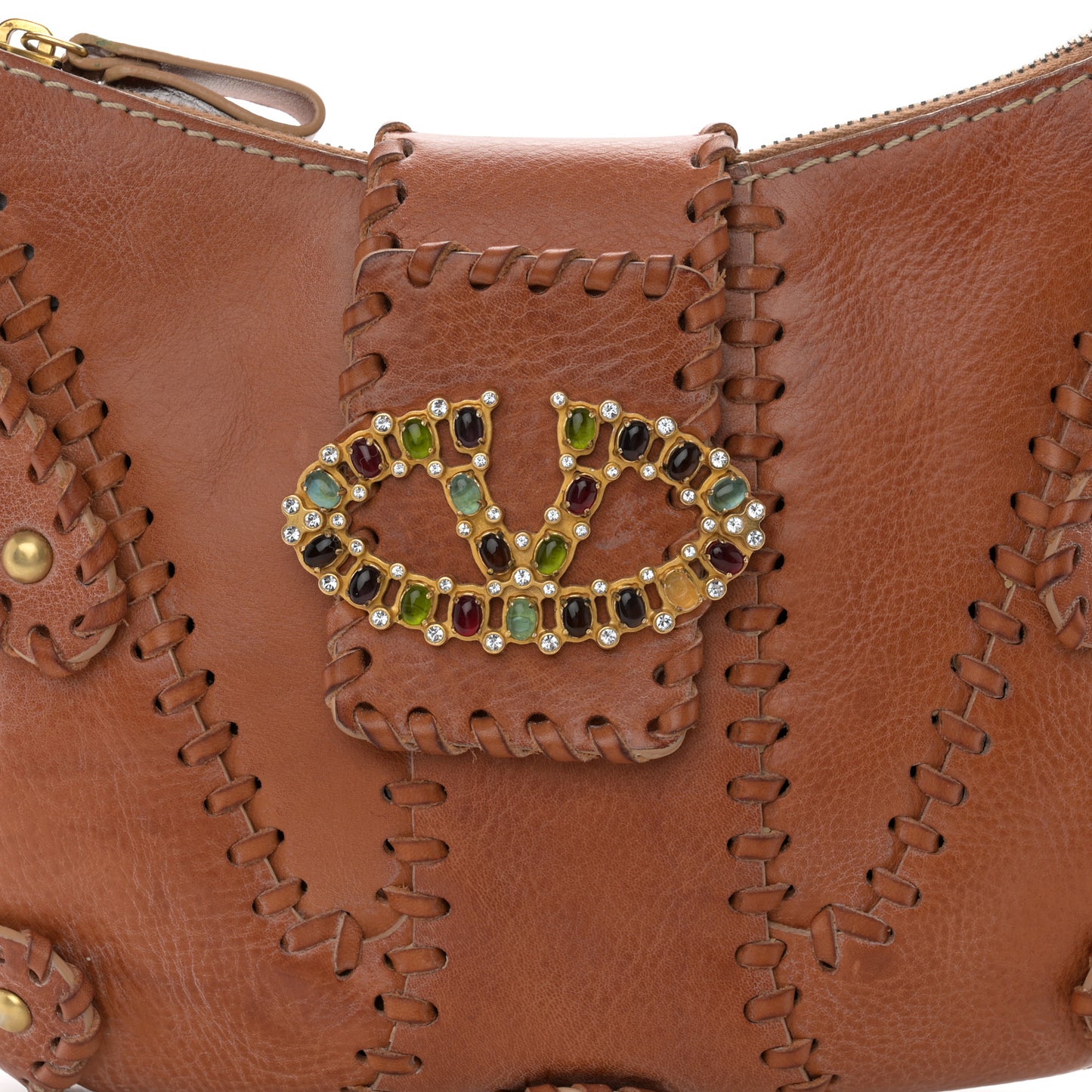 Calfskin Stitched Beaded Crystal Logo Catch Shoulder Bag Brown
