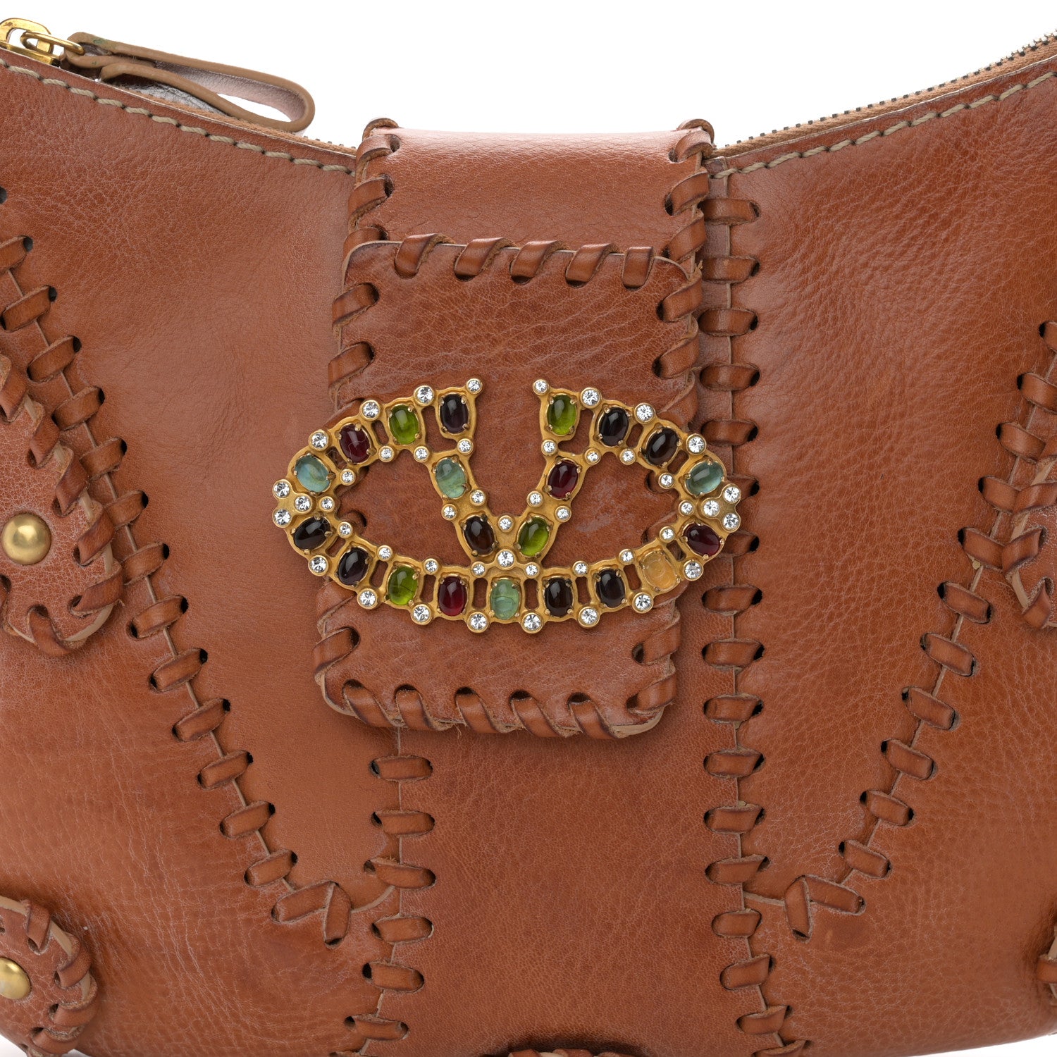 Valentino Garavani Calfskin Stitched Beaded Crystal Logo Catch Shoulder Bag Brown 6 of 16